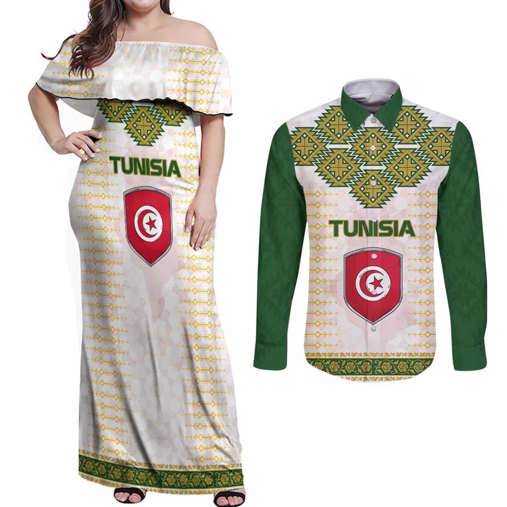 Tunisia Flag Traditional Tribal Pattern Green and White Pullover Couples Matching Off Shoulder Maxi Dress and Long Sleeve Button Shirt with National Crest and Emblem