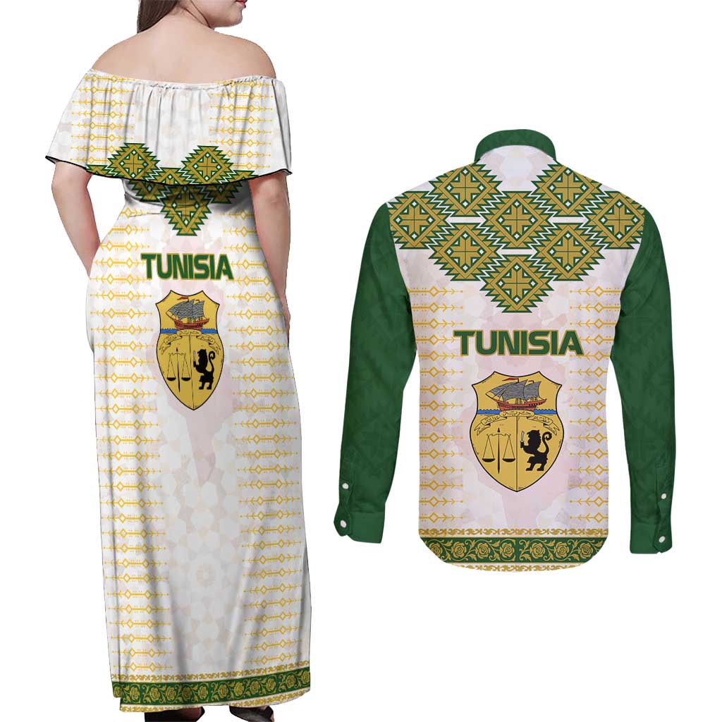 Tunisia Flag Traditional Tribal Pattern Green and White Pullover Couples Matching Off Shoulder Maxi Dress and Long Sleeve Button Shirt with National Crest and Emblem