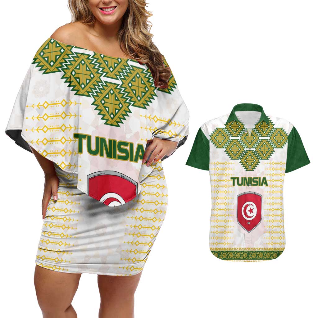 Tunisia Flag Traditional Tribal Pattern Green and White Pullover Couples Matching Off Shoulder Short Dress and Hawaiian Shirt with National Crest and Emblem