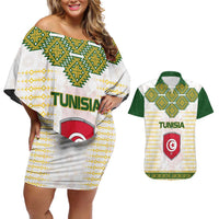Tunisia Flag Traditional Tribal Pattern Green and White Pullover Couples Matching Off Shoulder Short Dress and Hawaiian Shirt with National Crest and Emblem
