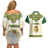 Tunisia Flag Traditional Tribal Pattern Green and White Pullover Couples Matching Off Shoulder Short Dress and Hawaiian Shirt with National Crest and Emblem