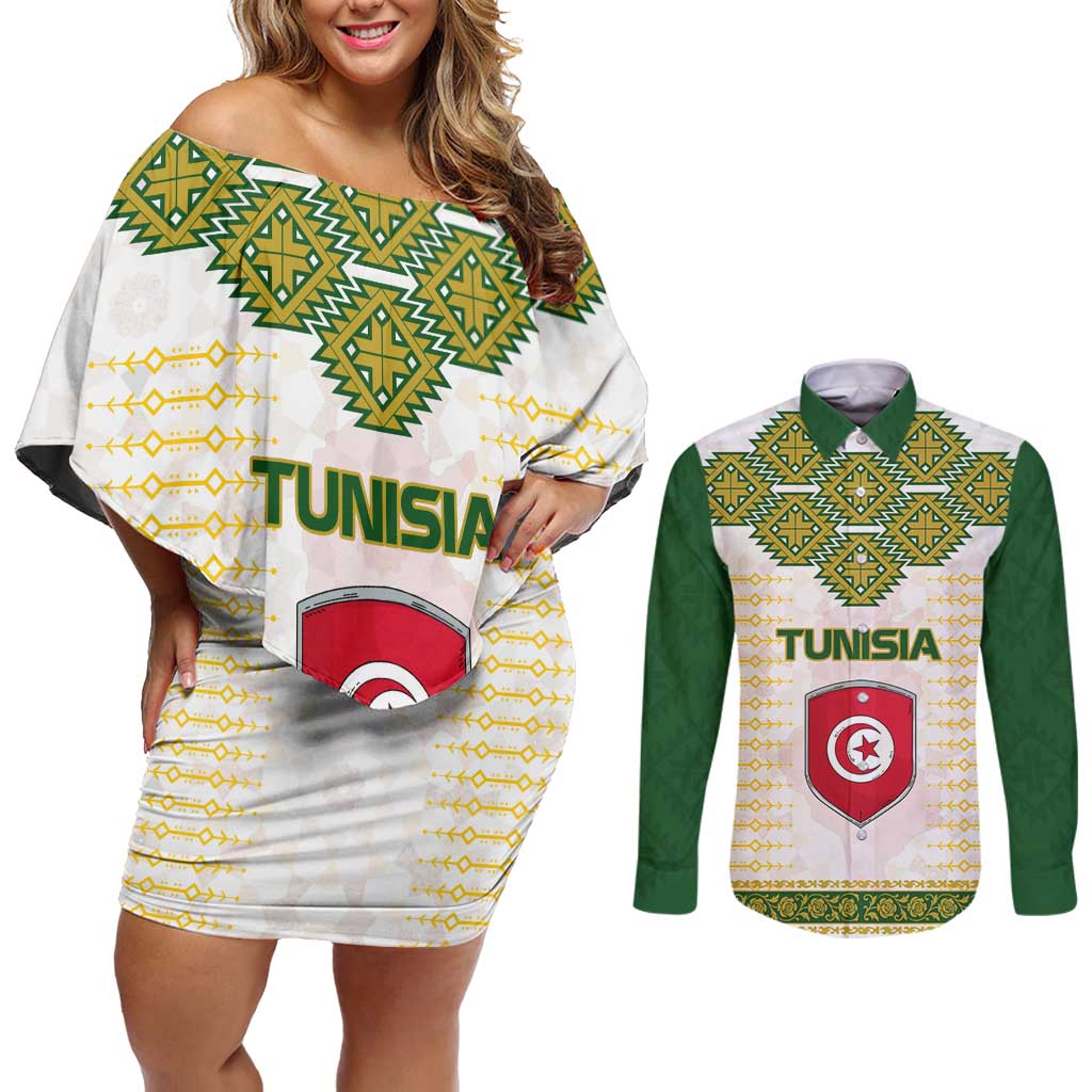 Tunisia Flag Traditional Tribal Pattern Green and White Pullover Couples Matching Off Shoulder Short Dress and Long Sleeve Button Shirt with National Crest and Emblem