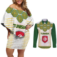 Tunisia Flag Traditional Tribal Pattern Green and White Pullover Couples Matching Off Shoulder Short Dress and Long Sleeve Button Shirt with National Crest and Emblem