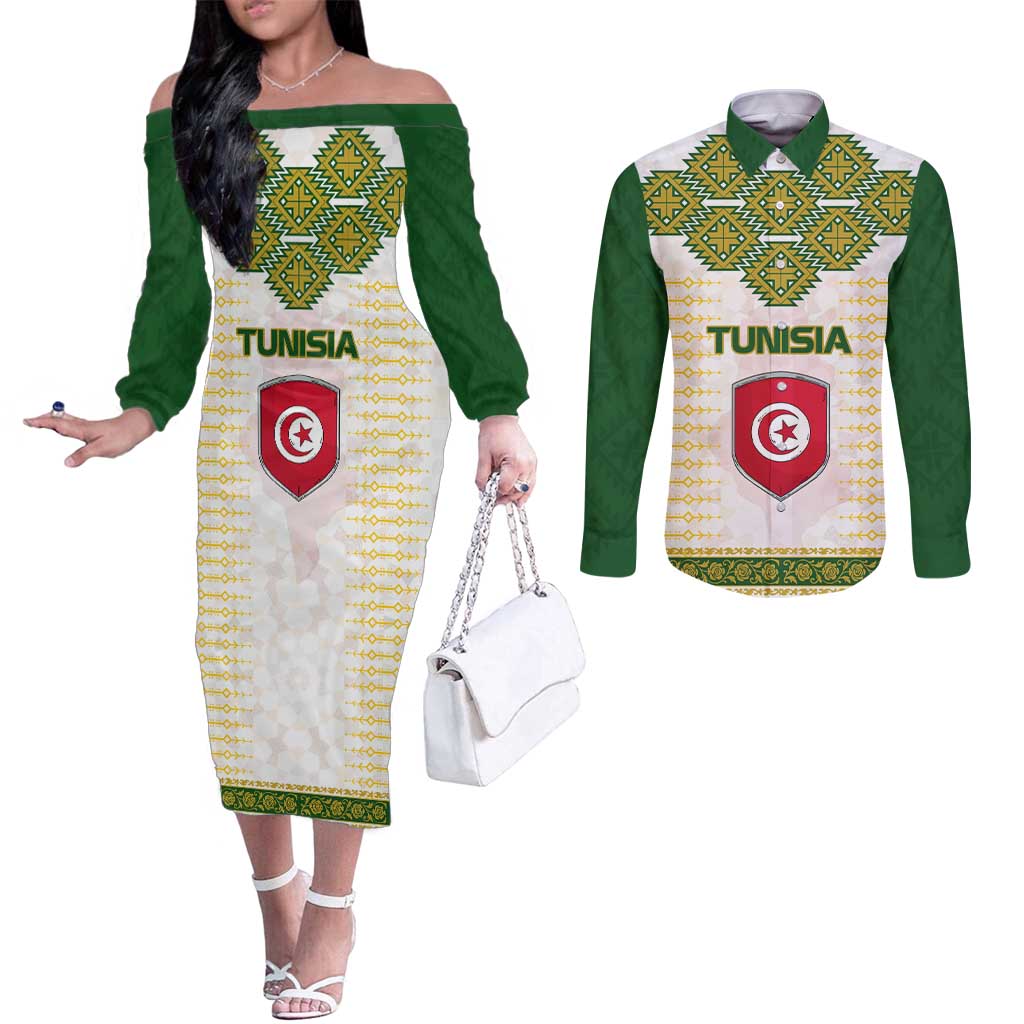 Tunisia Flag Traditional Tribal Pattern Green and White Pullover Couples Matching Off The Shoulder Long Sleeve Dress and Long Sleeve Button Shirt with National Crest and Emblem