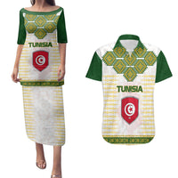Tunisia Flag Traditional Tribal Pattern Green and White Pullover Couples Matching Puletasi and Hawaiian Shirt with National Crest and Emblem