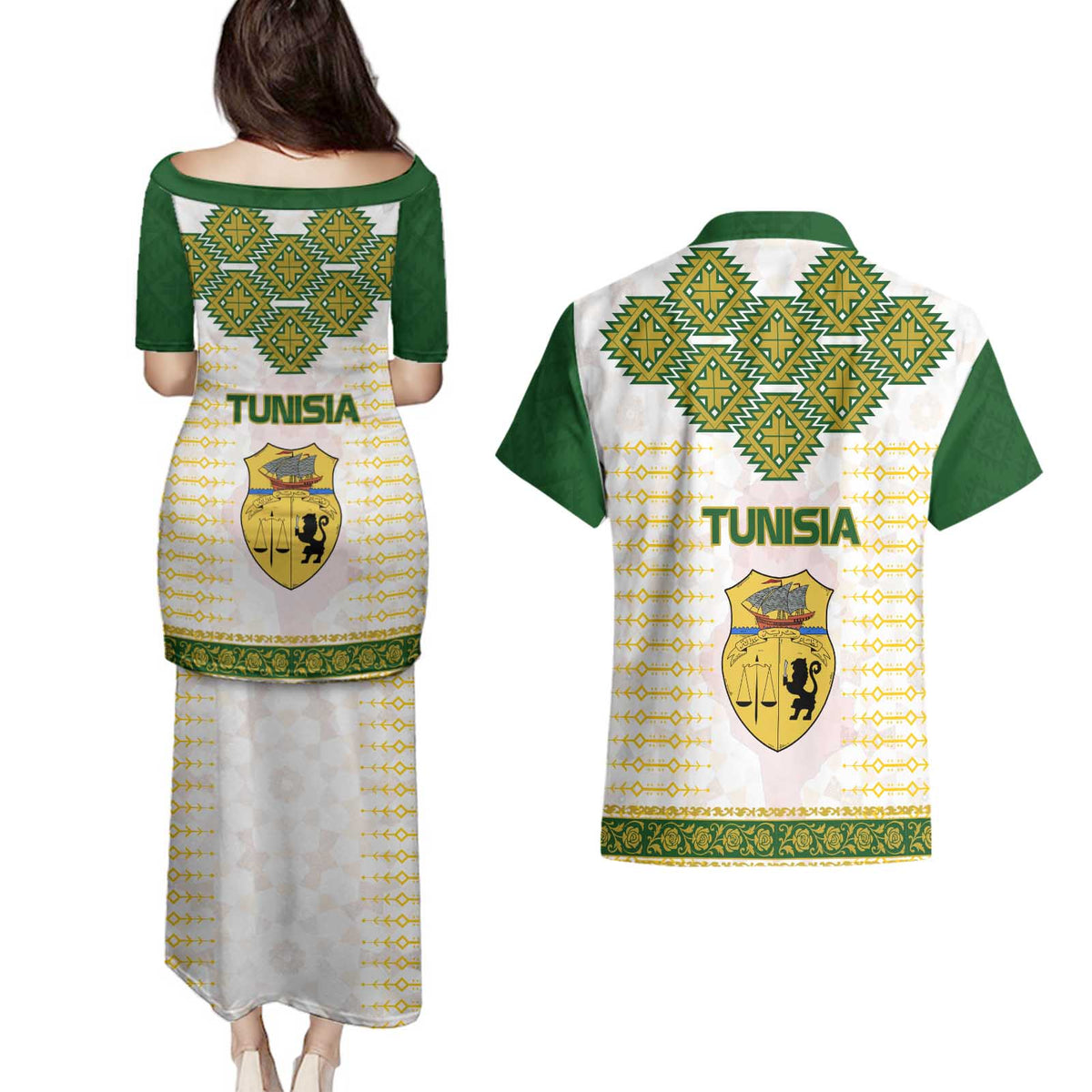 Tunisia Flag Traditional Tribal Pattern Green and White Pullover Couples Matching Puletasi and Hawaiian Shirt with National Crest and Emblem