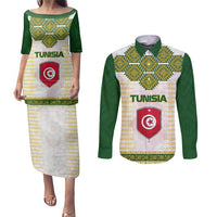 Tunisia Flag Traditional Tribal Pattern Green and White Pullover Couples Matching Puletasi and Long Sleeve Button Shirt with National Crest and Emblem