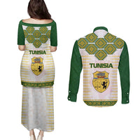 Tunisia Flag Traditional Tribal Pattern Green and White Pullover Couples Matching Puletasi and Long Sleeve Button Shirt with National Crest and Emblem