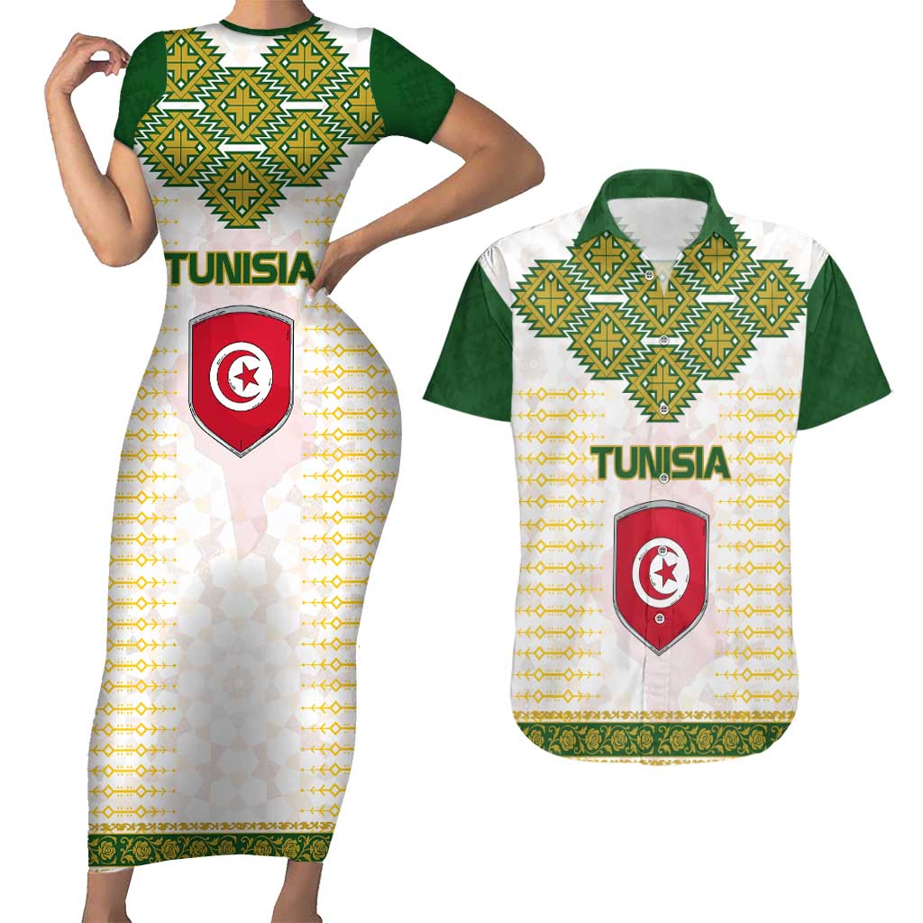 Tunisia Flag Traditional Tribal Pattern Green and White Pullover Couples Matching Short Sleeve Bodycon Dress and Hawaiian Shirt with National Crest and Emblem