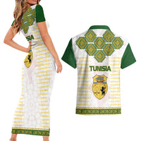 Tunisia Flag Traditional Tribal Pattern Green and White Pullover Couples Matching Short Sleeve Bodycon Dress and Hawaiian Shirt with National Crest and Emblem