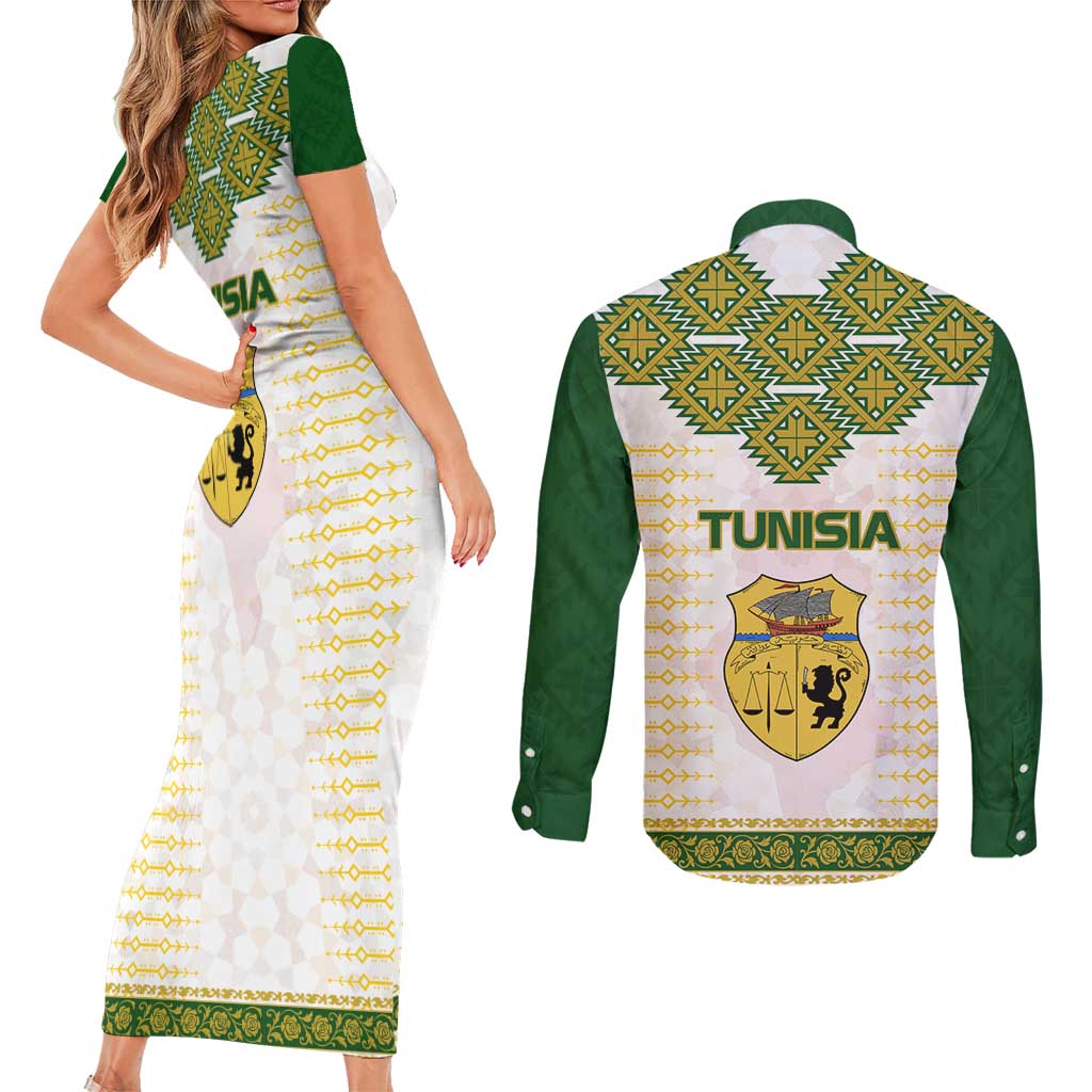 Tunisia Flag Traditional Tribal Pattern Green and White Pullover Couples Matching Short Sleeve Bodycon Dress and Long Sleeve Button Shirt with National Crest and Emblem