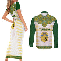 Tunisia Flag Traditional Tribal Pattern Green and White Pullover Couples Matching Short Sleeve Bodycon Dress and Long Sleeve Button Shirt with National Crest and Emblem