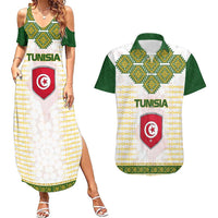 Tunisia Flag Traditional Tribal Pattern Green and White Pullover Couples Matching Summer Maxi Dress and Hawaiian Shirt with National Crest and Emblem