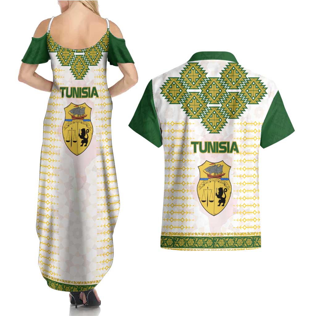 Tunisia Flag Traditional Tribal Pattern Green and White Pullover Couples Matching Summer Maxi Dress and Hawaiian Shirt with National Crest and Emblem