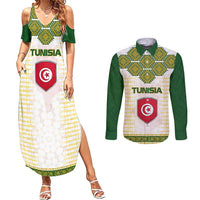 Tunisia Flag Traditional Tribal Pattern Green and White Pullover Couples Matching Summer Maxi Dress and Long Sleeve Button Shirt with National Crest and Emblem