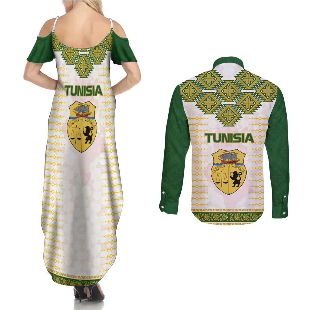 Tunisia Flag Traditional Tribal Pattern Green and White Pullover Couples Matching Summer Maxi Dress and Long Sleeve Button Shirt with National Crest and Emblem