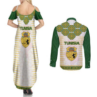 Tunisia Flag Traditional Tribal Pattern Green and White Pullover Couples Matching Summer Maxi Dress and Long Sleeve Button Shirt with National Crest and Emblem