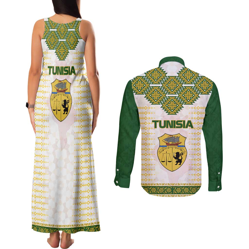Tunisia Flag Traditional Tribal Pattern Green and White Pullover Couples Matching Tank Maxi Dress and Long Sleeve Button Shirt with National Crest and Emblem