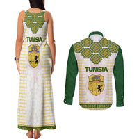 Tunisia Flag Traditional Tribal Pattern Green and White Pullover Couples Matching Tank Maxi Dress and Long Sleeve Button Shirt with National Crest and Emblem