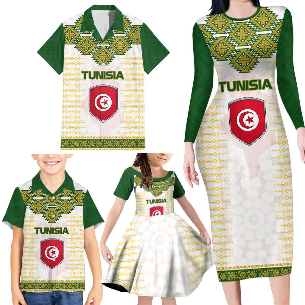 Tunisia Flag Traditional Tribal Pattern Green and White Pullover Family Matching Long Sleeve Bodycon Dress and Hawaiian Shirt with National Crest and Emblem