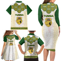 Tunisia Flag Traditional Tribal Pattern Green and White Pullover Family Matching Long Sleeve Bodycon Dress and Hawaiian Shirt with National Crest and Emblem