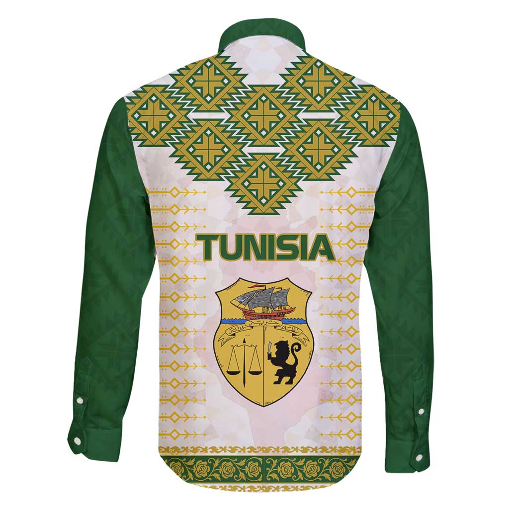 Tunisia Flag Traditional Tribal Pattern Green and White Pullover Family Matching Long Sleeve Bodycon Dress and Hawaiian Shirt with National Crest and Emblem