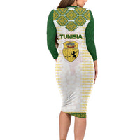 Tunisia Flag Traditional Tribal Pattern Green and White Pullover Family Matching Long Sleeve Bodycon Dress and Hawaiian Shirt with National Crest and Emblem