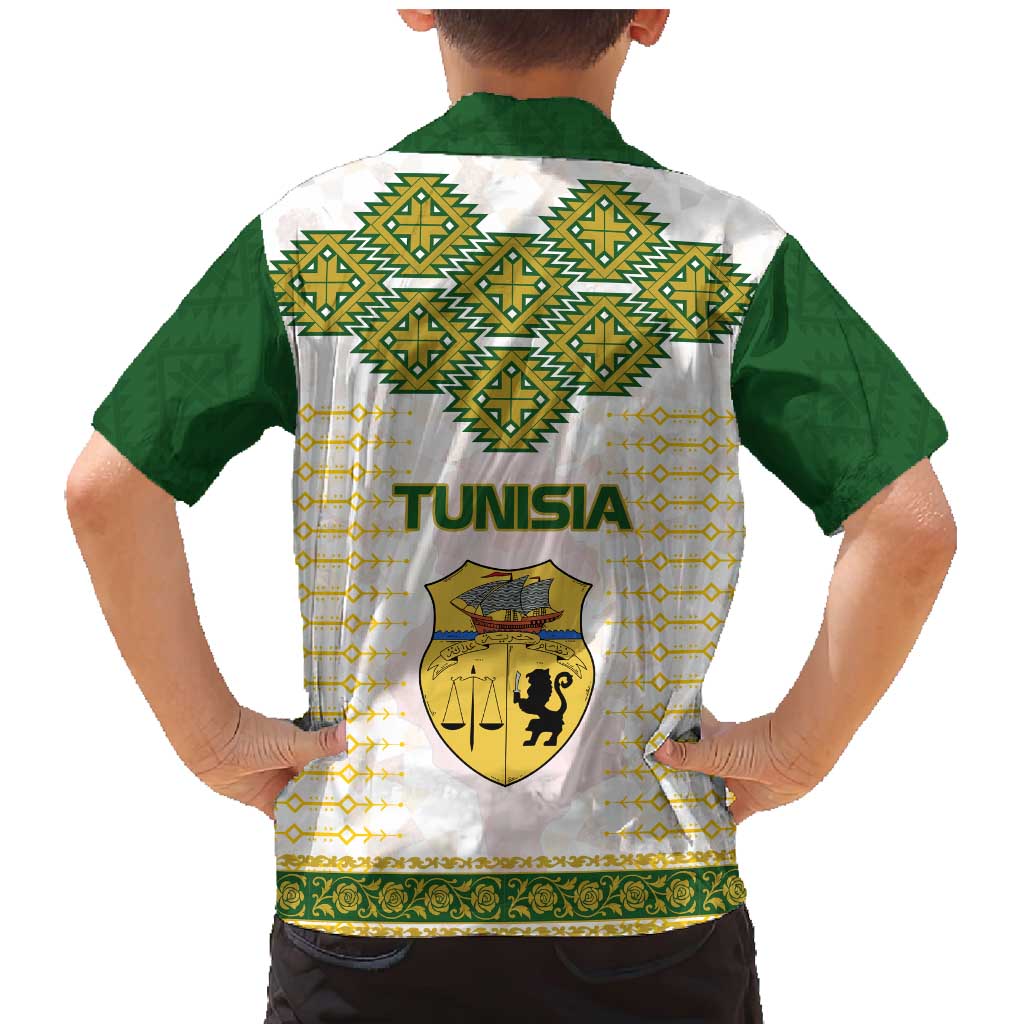 Tunisia Flag Traditional Tribal Pattern Green and White Pullover Family Matching Mermaid Dress and Hawaiian Shirt with National Crest and Emblem