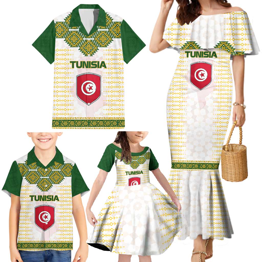 Tunisia Flag Traditional Tribal Pattern Green and White Pullover Family Matching Mermaid Dress and Hawaiian Shirt with National Crest and Emblem