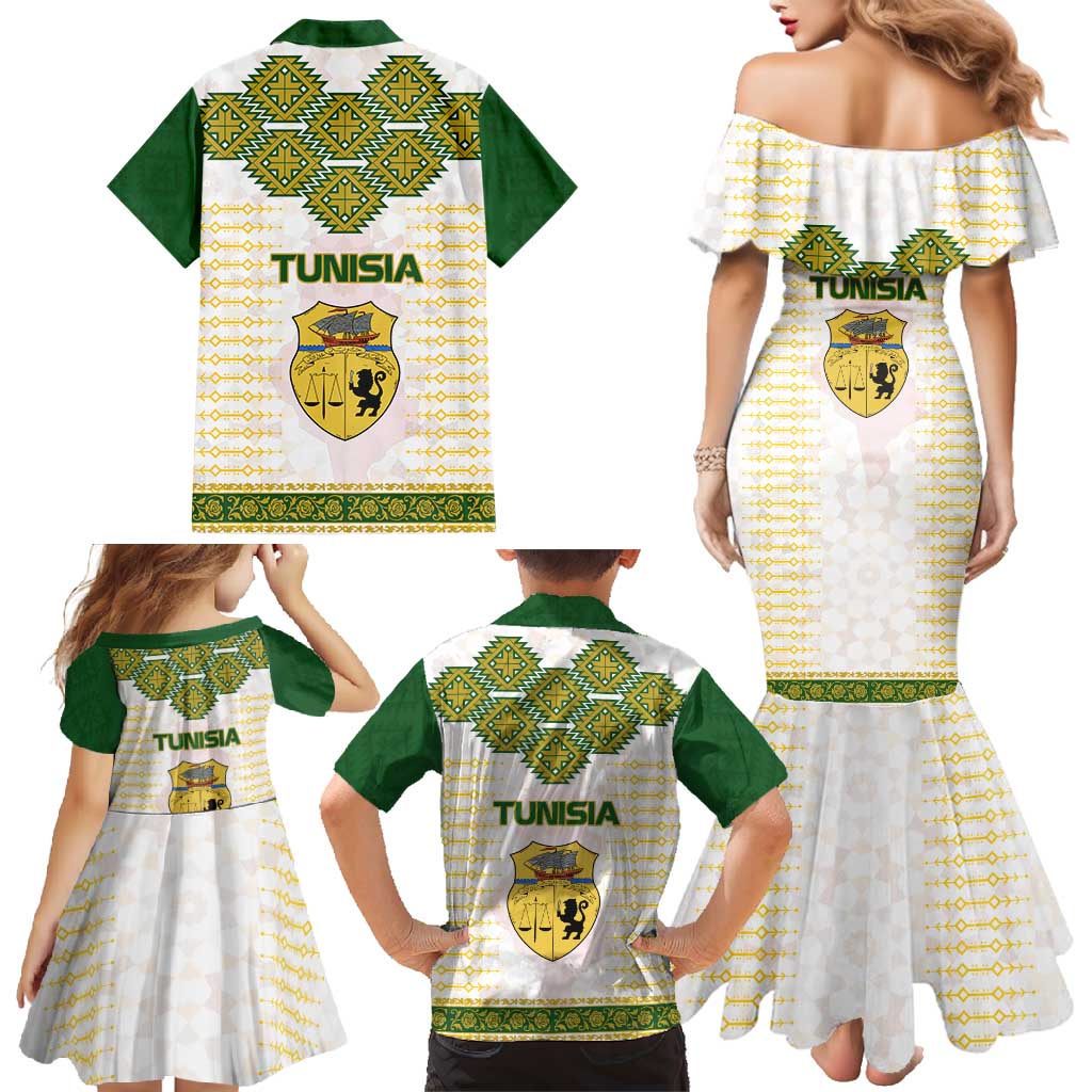 Tunisia Flag Traditional Tribal Pattern Green and White Pullover Family Matching Mermaid Dress and Hawaiian Shirt with National Crest and Emblem