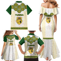 Tunisia Flag Traditional Tribal Pattern Green and White Pullover Family Matching Mermaid Dress and Hawaiian Shirt with National Crest and Emblem