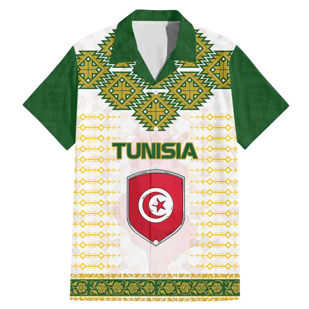 Tunisia Flag Traditional Tribal Pattern Green and White Pullover Family Matching Mermaid Dress and Hawaiian Shirt with National Crest and Emblem