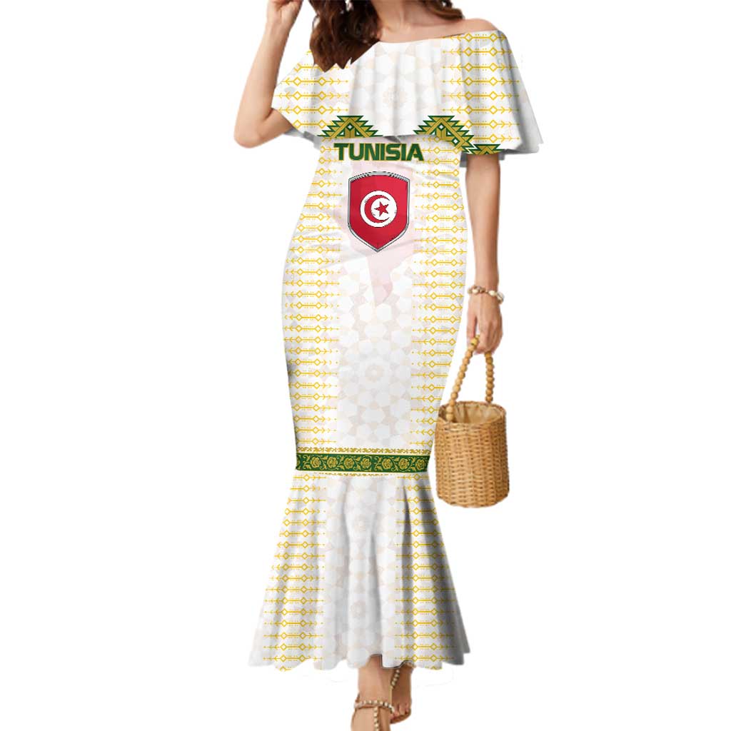 Tunisia Flag Traditional Tribal Pattern Green and White Pullover Family Matching Mermaid Dress and Hawaiian Shirt with National Crest and Emblem