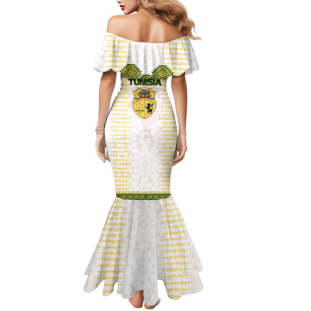 Tunisia Flag Traditional Tribal Pattern Green and White Pullover Family Matching Mermaid Dress and Hawaiian Shirt with National Crest and Emblem