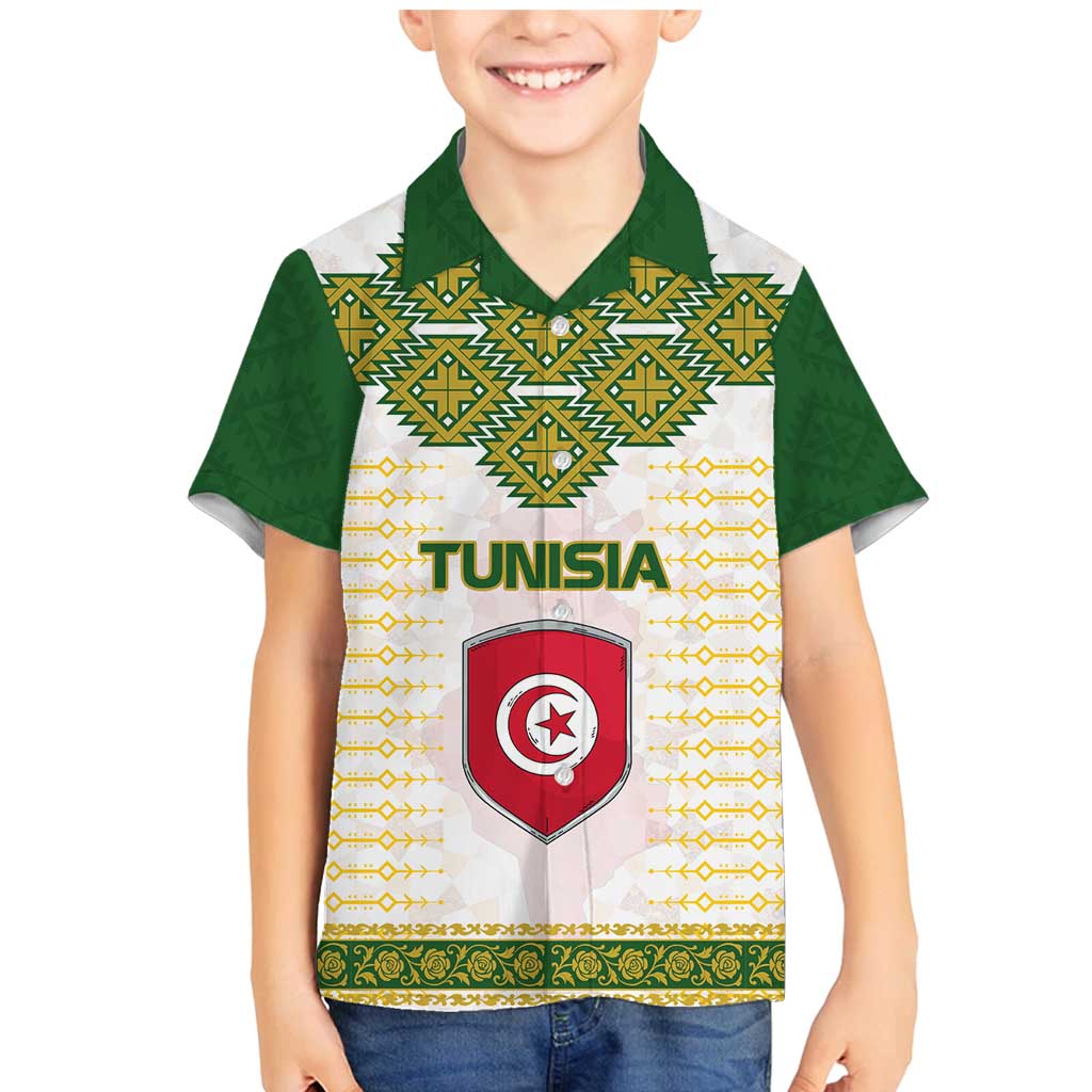 Tunisia Flag Traditional Tribal Pattern Green and White Pullover Family Matching Mermaid Dress and Hawaiian Shirt with National Crest and Emblem