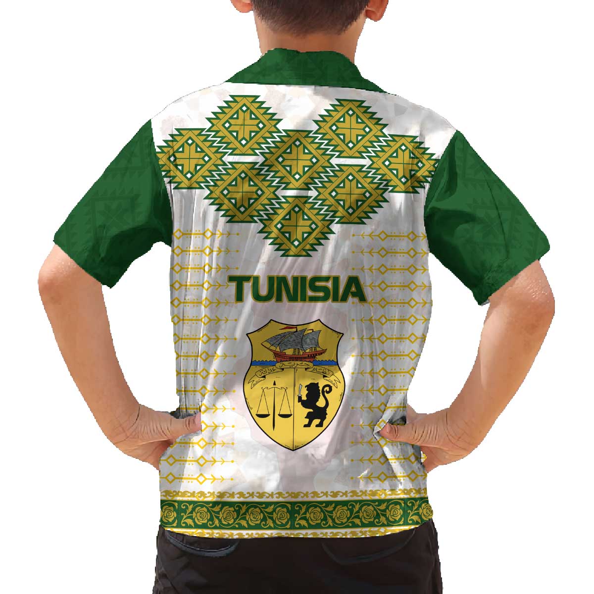 Tunisia Flag Traditional Tribal Pattern Green and White Pullover Family Matching Off The Shoulder Long Sleeve Dress and Hawaiian Shirt with National Crest and Emblem