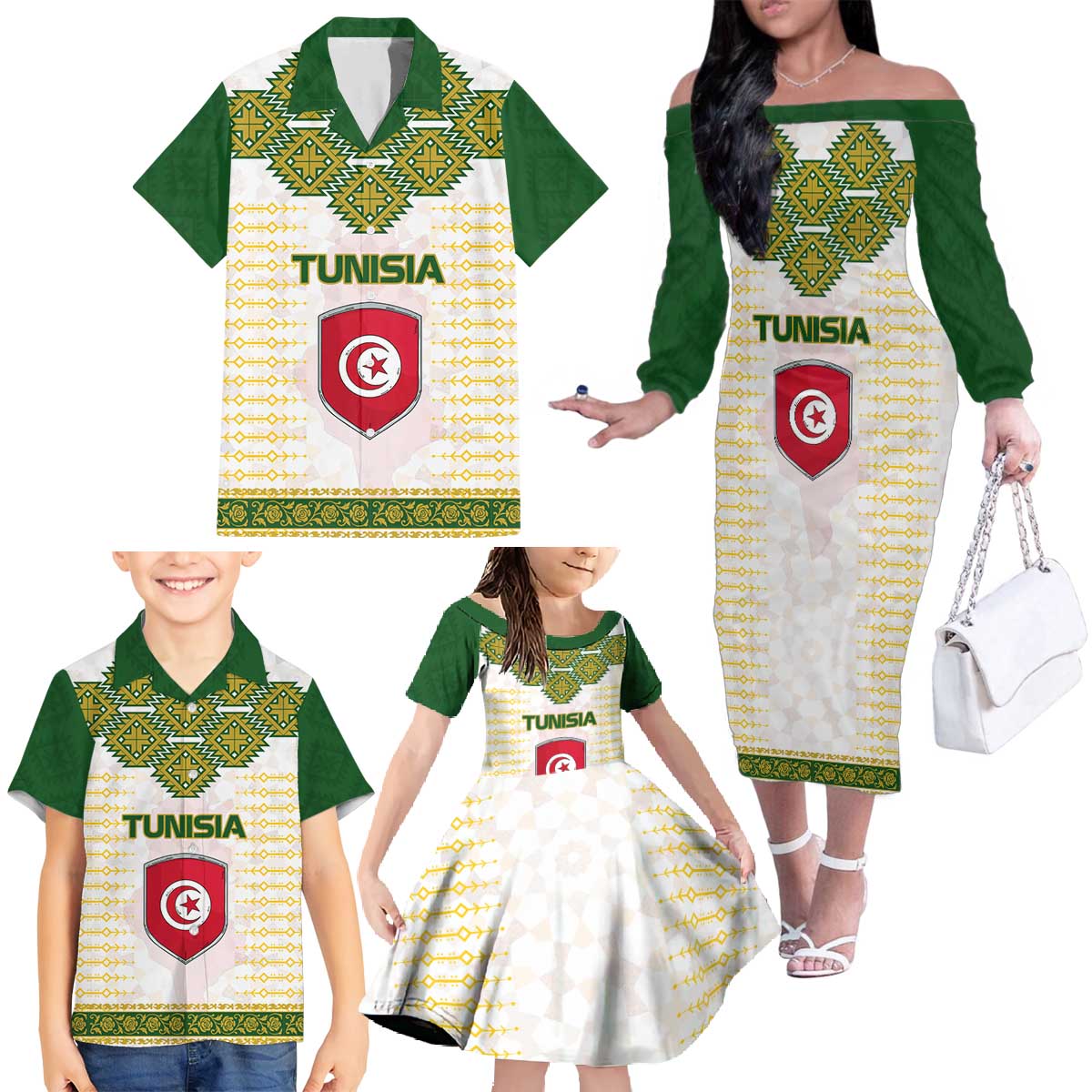 Tunisia Flag Traditional Tribal Pattern Green and White Pullover Family Matching Off The Shoulder Long Sleeve Dress and Hawaiian Shirt with National Crest and Emblem