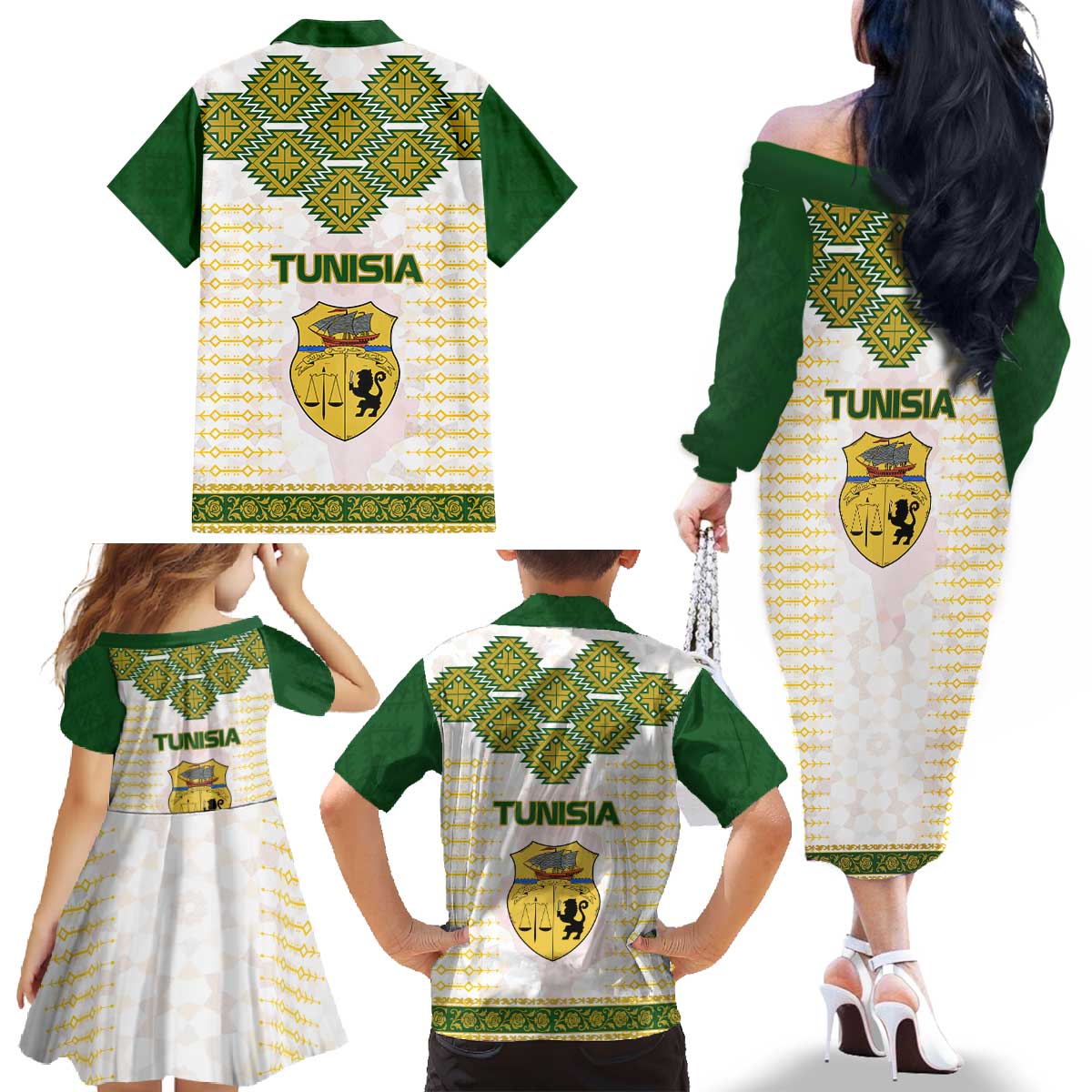 Tunisia Flag Traditional Tribal Pattern Green and White Pullover Family Matching Off The Shoulder Long Sleeve Dress and Hawaiian Shirt with National Crest and Emblem
