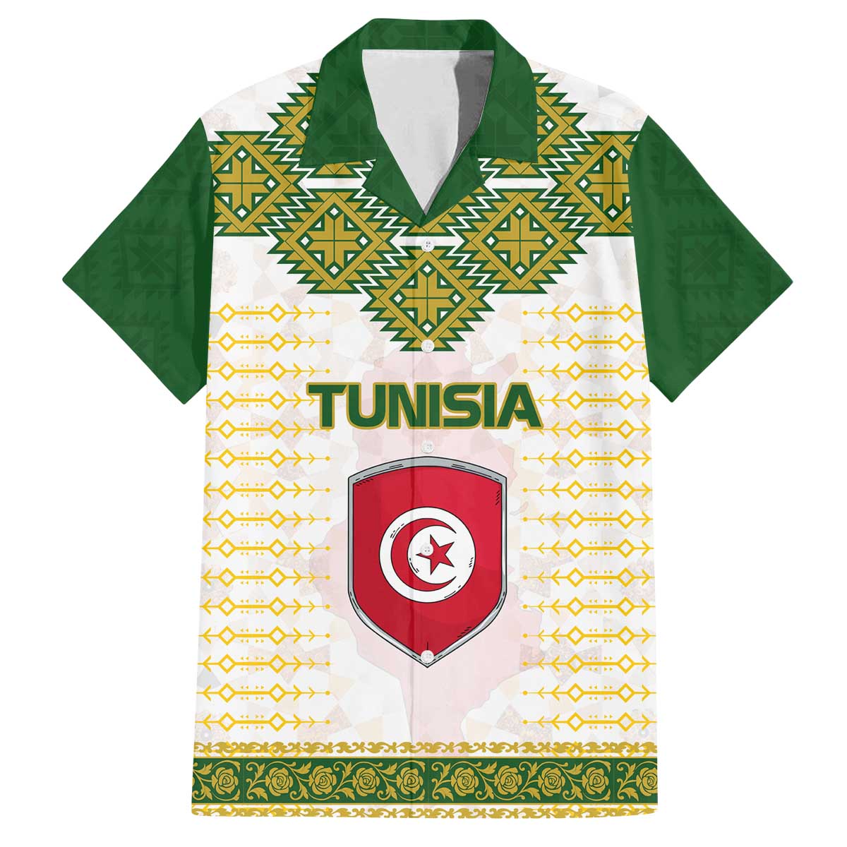 Tunisia Flag Traditional Tribal Pattern Green and White Pullover Family Matching Off The Shoulder Long Sleeve Dress and Hawaiian Shirt with National Crest and Emblem