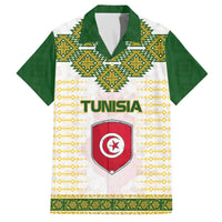 Tunisia Flag Traditional Tribal Pattern Green and White Pullover Family Matching Off The Shoulder Long Sleeve Dress and Hawaiian Shirt with National Crest and Emblem