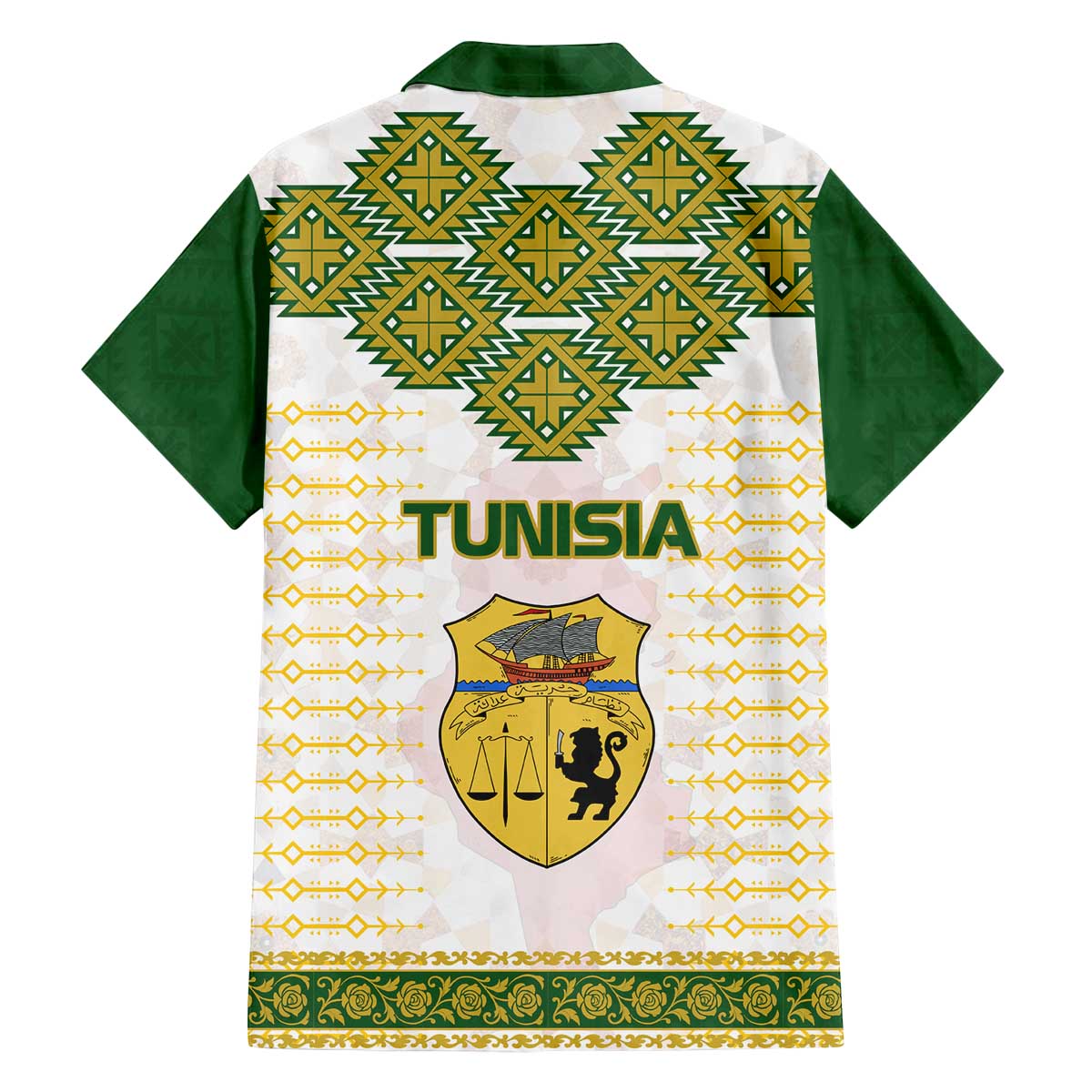 Tunisia Flag Traditional Tribal Pattern Green and White Pullover Family Matching Off The Shoulder Long Sleeve Dress and Hawaiian Shirt with National Crest and Emblem