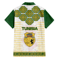 Tunisia Flag Traditional Tribal Pattern Green and White Pullover Family Matching Off The Shoulder Long Sleeve Dress and Hawaiian Shirt with National Crest and Emblem