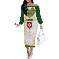Tunisia Flag Traditional Tribal Pattern Green and White Pullover Family Matching Off The Shoulder Long Sleeve Dress and Hawaiian Shirt with National Crest and Emblem