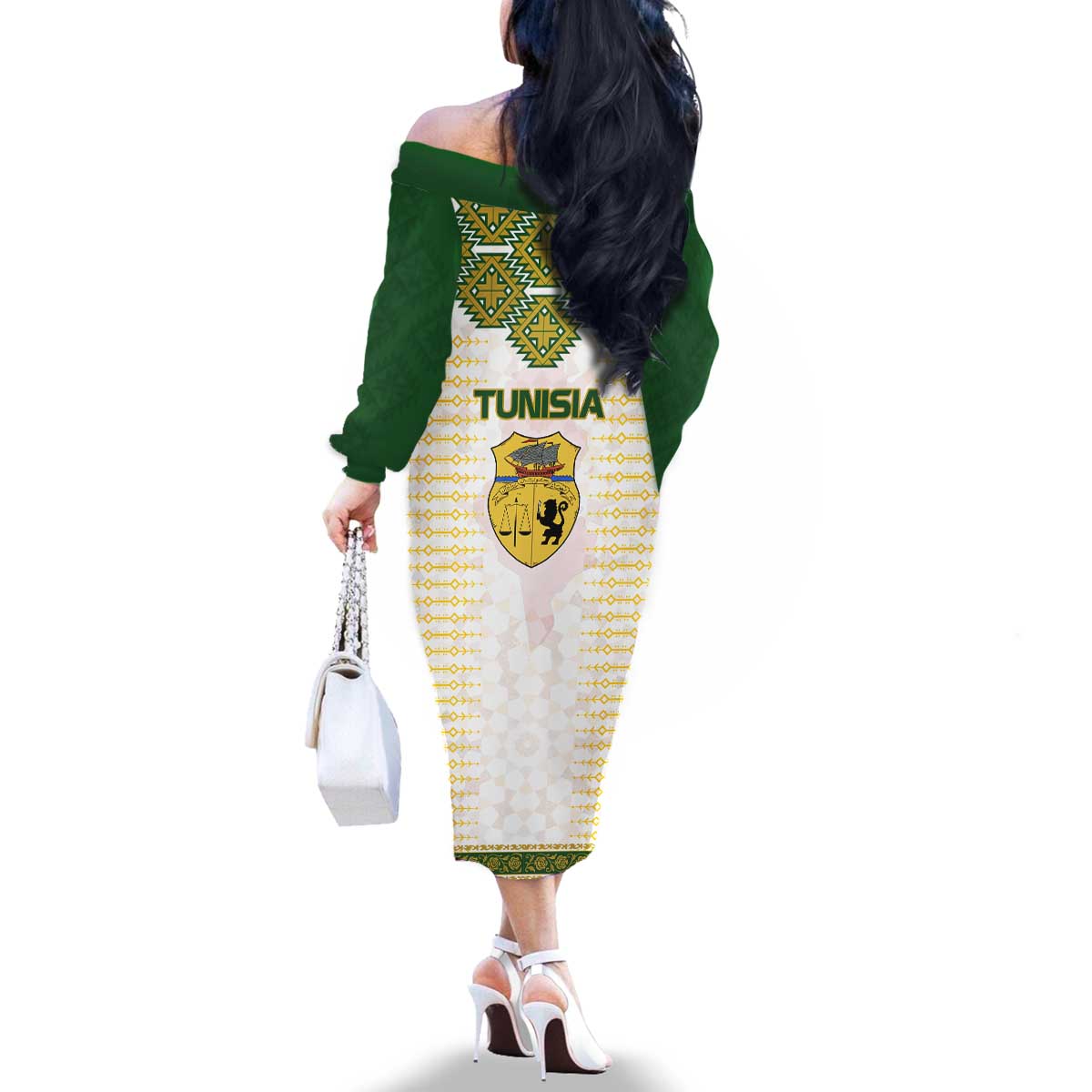 Tunisia Flag Traditional Tribal Pattern Green and White Pullover Family Matching Off The Shoulder Long Sleeve Dress and Hawaiian Shirt with National Crest and Emblem