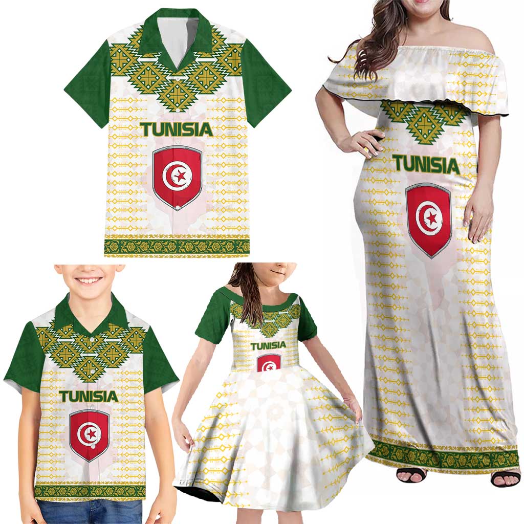 Tunisia Flag Traditional Tribal Pattern Green and White Pullover Family Matching Off Shoulder Maxi Dress and Hawaiian Shirt with National Crest and Emblem
