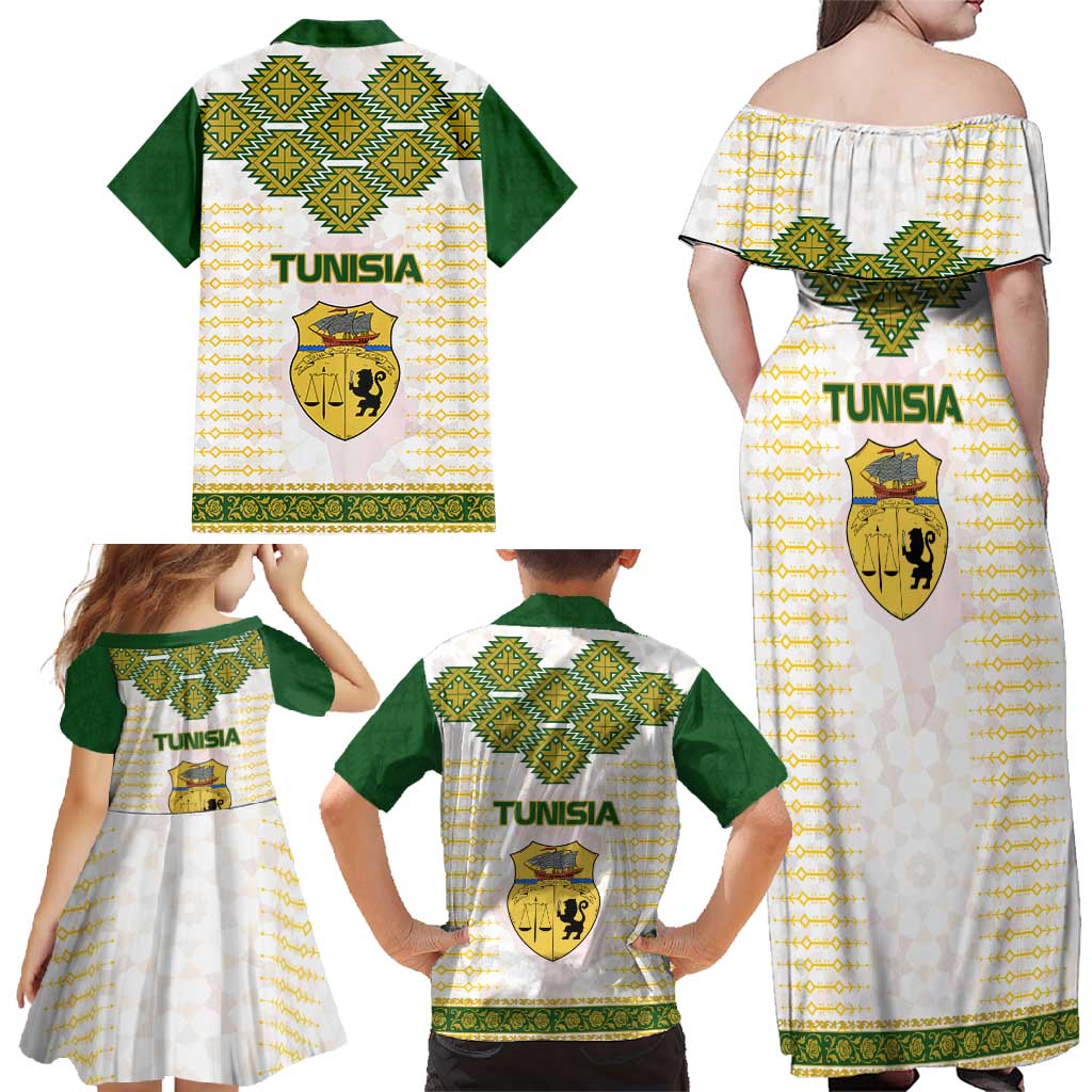Tunisia Flag Traditional Tribal Pattern Green and White Pullover Family Matching Off Shoulder Maxi Dress and Hawaiian Shirt with National Crest and Emblem
