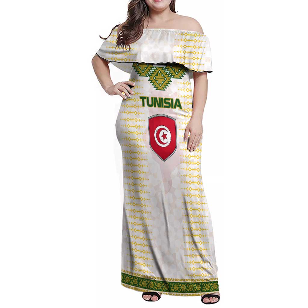 Tunisia Flag Traditional Tribal Pattern Green and White Pullover Family Matching Off Shoulder Maxi Dress and Hawaiian Shirt with National Crest and Emblem