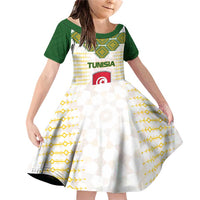 Tunisia Flag Traditional Tribal Pattern Green and White Pullover Family Matching Off Shoulder Short Dress and Hawaiian Shirt with National Crest and Emblem