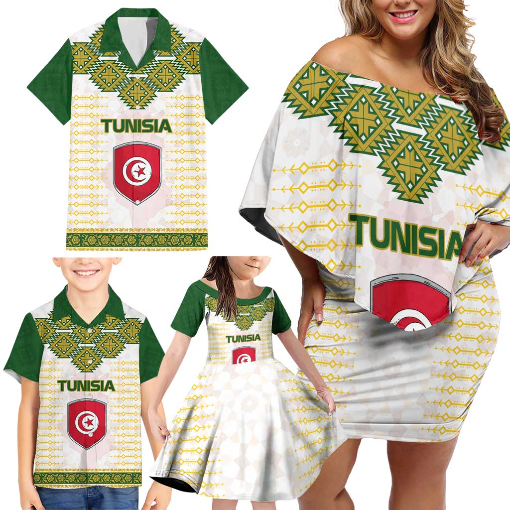 Tunisia Flag Traditional Tribal Pattern Green and White Pullover Family Matching Off Shoulder Short Dress and Hawaiian Shirt with National Crest and Emblem