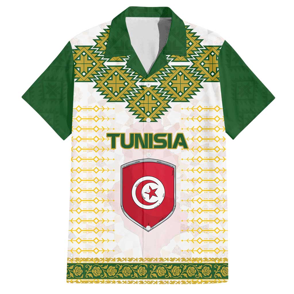 Tunisia Flag Traditional Tribal Pattern Green and White Pullover Family Matching Off Shoulder Short Dress and Hawaiian Shirt with National Crest and Emblem